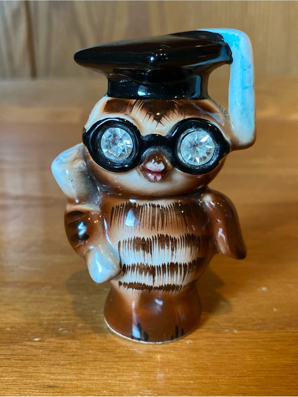 Vintage LEFTON Owl Salt Shaker Scholar Rhinestone Eyes 1956 Graduate Diploma